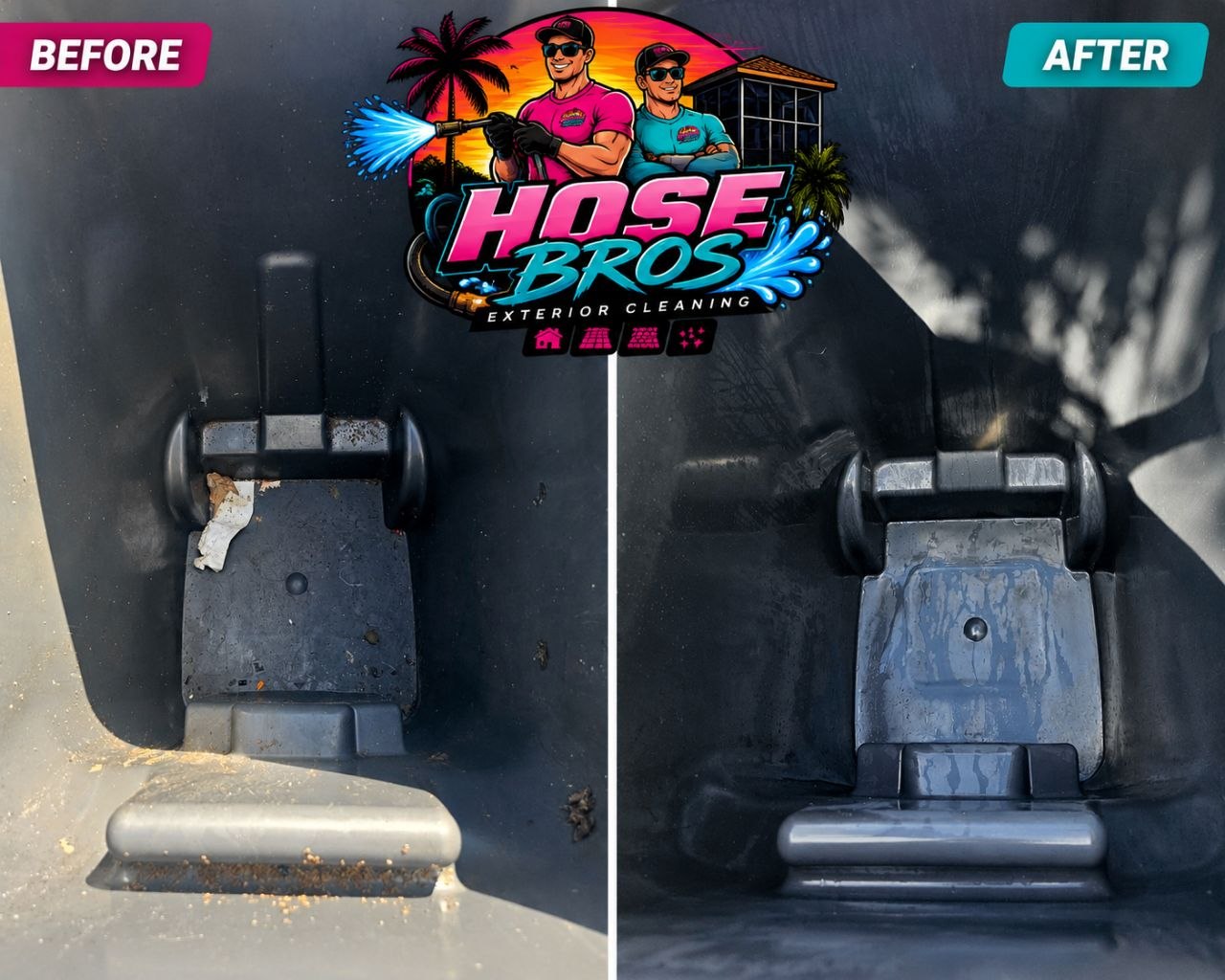 Garbage can cleaning before and after Sarasota FL — interior deep clean by Hose Bros