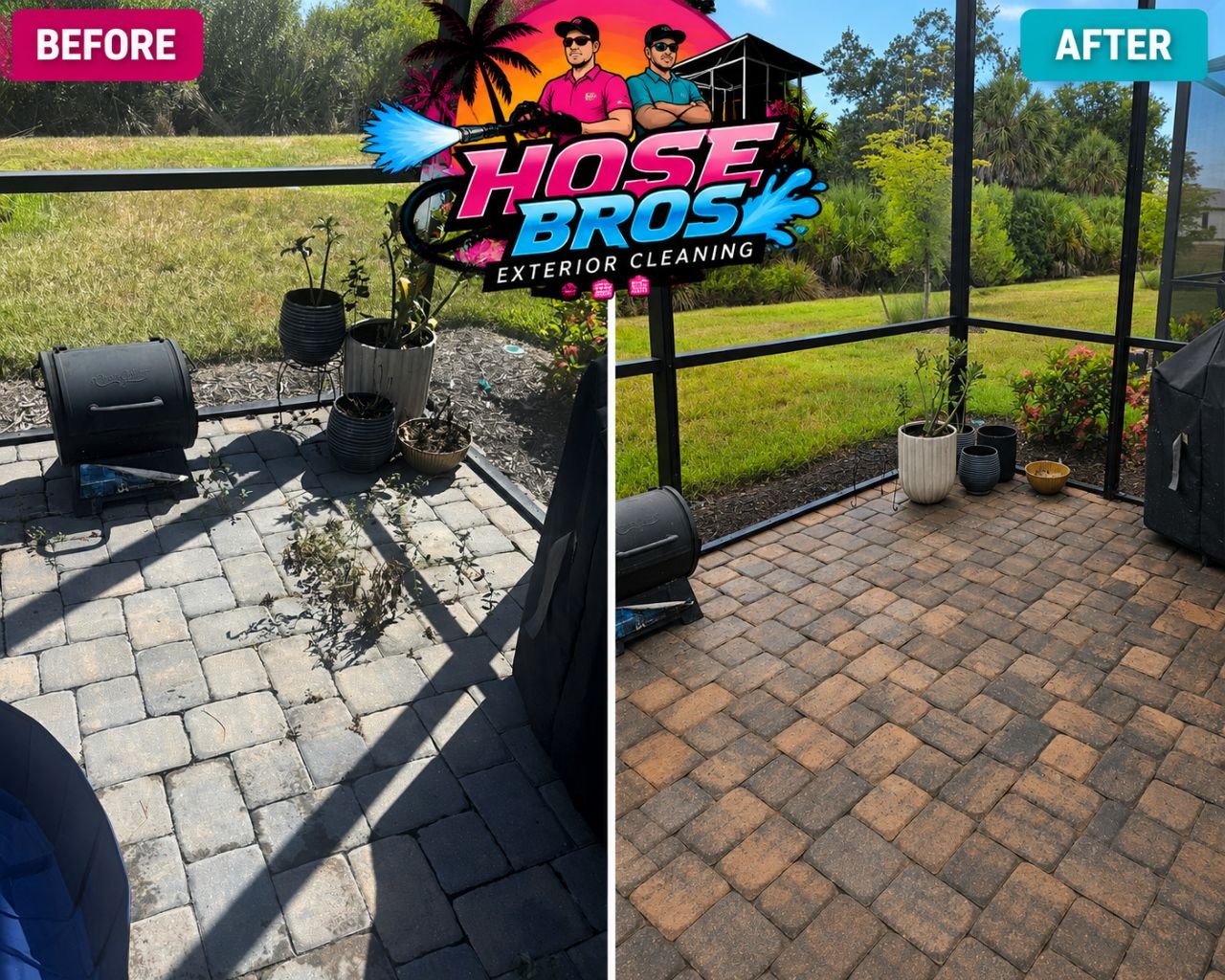 Lanai cleaning before and after Sarasota FL — Hose Bros removes weeds, cleans pavers and restores outdoor living space